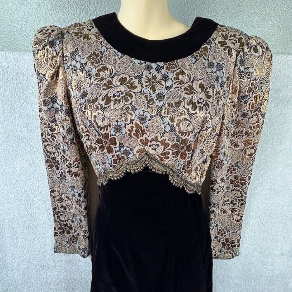 VTG Jessica McClintock Deep Brown Black Velvet Dress Mermaid Hem Romantic Gown - Picture 3 of 11